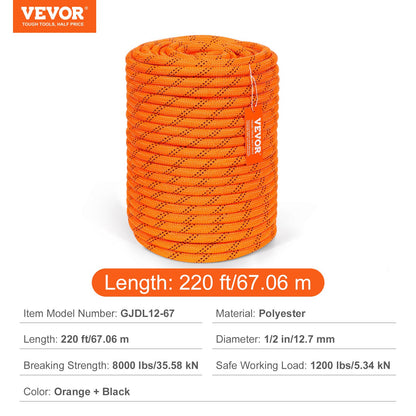 Arborist Tree Climbing Rope Double Braid Polyester 1/2"/1.3 cm x 220'/67.1 m 48-Strand