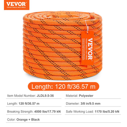 Arborist Tree Climbing Rope Double Braid Polyester 3/8"/1 cm x 120'/36.6 m 48-Strand
