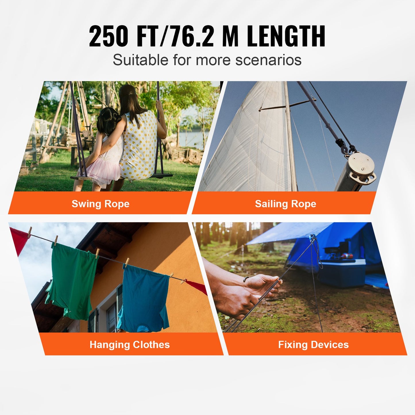 Braided Nylon Rope, 3/16 in x 250 ft, 32 Strands, 720 LBS Breaking Strength Outdoor Climbing Rope, Arborist Tree Climbing Rigging Rope for Rock Hiking Camping Swing Rappelling Rescue, Black