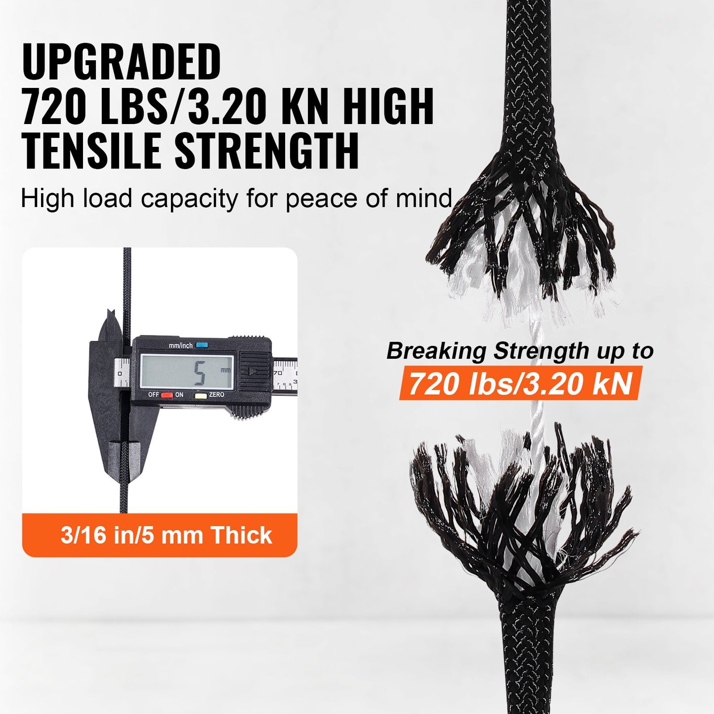 Braided Nylon Rope, 3/16 in x 250 ft, 32 Strands, 720 LBS Breaking Strength Outdoor Climbing Rope, Arborist Tree Climbing Rigging Rope for Rock Hiking Camping Swing Rappelling Rescue, Black