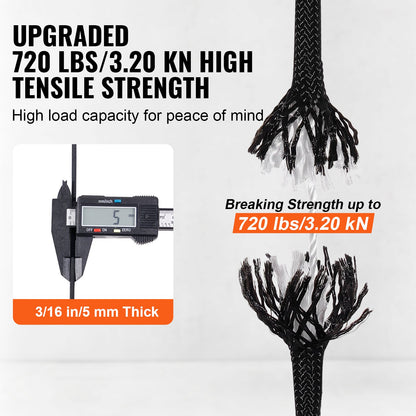 Braided Nylon Rope, 3/16 in x 250 ft, 32 Strands, 720 LBS Breaking Strength Outdoor Climbing Rope, Arborist Tree Climbing Rigging Rope for Rock Hiking Camping Swing Rappelling Rescue, Black