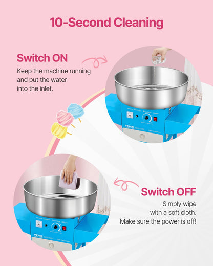 Electric Cotton Candy Machine with Cart, 1000W Commercial Candy Floss Maker with 52cm Stainless Steel Bowl, Sugar Scoop, and Drawer, Easy to Use, for Home, Kids Birthday, Family Party, Blue