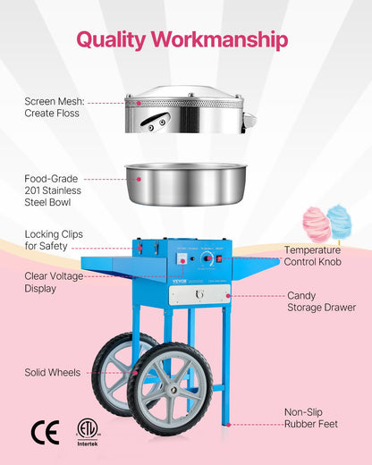 Electric Cotton Candy Machine with Cart, 1000W Commercial Candy Floss Maker with 52cm Stainless Steel Bowl, Sugar Scoop, and Drawer, Easy to Use, for Home, Kids Birthday, Family Party, Blue