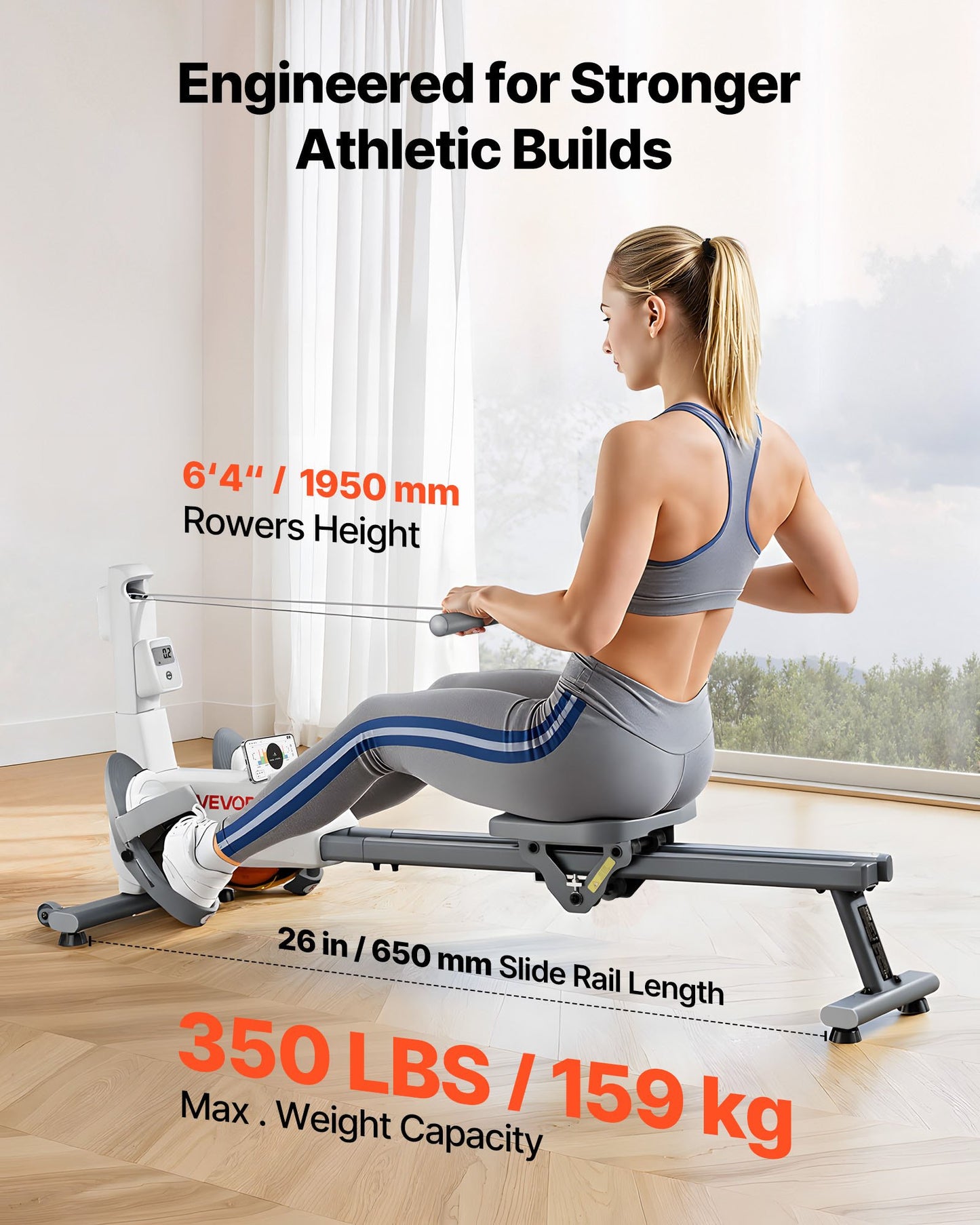 Magnetisk roddmaskin, 16-nivåers tyst motstånd, justerbar, hopfällbar roddmaskin för hemmabruk, 158 kg viktkapacitet, roddmaskiner med dubbel glidskena, Bluetooth-appkompatibel och LCD-skärm