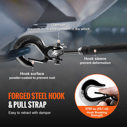 Synthetic Winch Rope, 6.35 mm x 15.24 m 4,536 kg Synthetic Winch Line Cable Rope with Protective Sleeve + Stopper + Forged Winch Hook + Pull Strap, Fit for ATV, UTV, Small Vehicle, Pickup