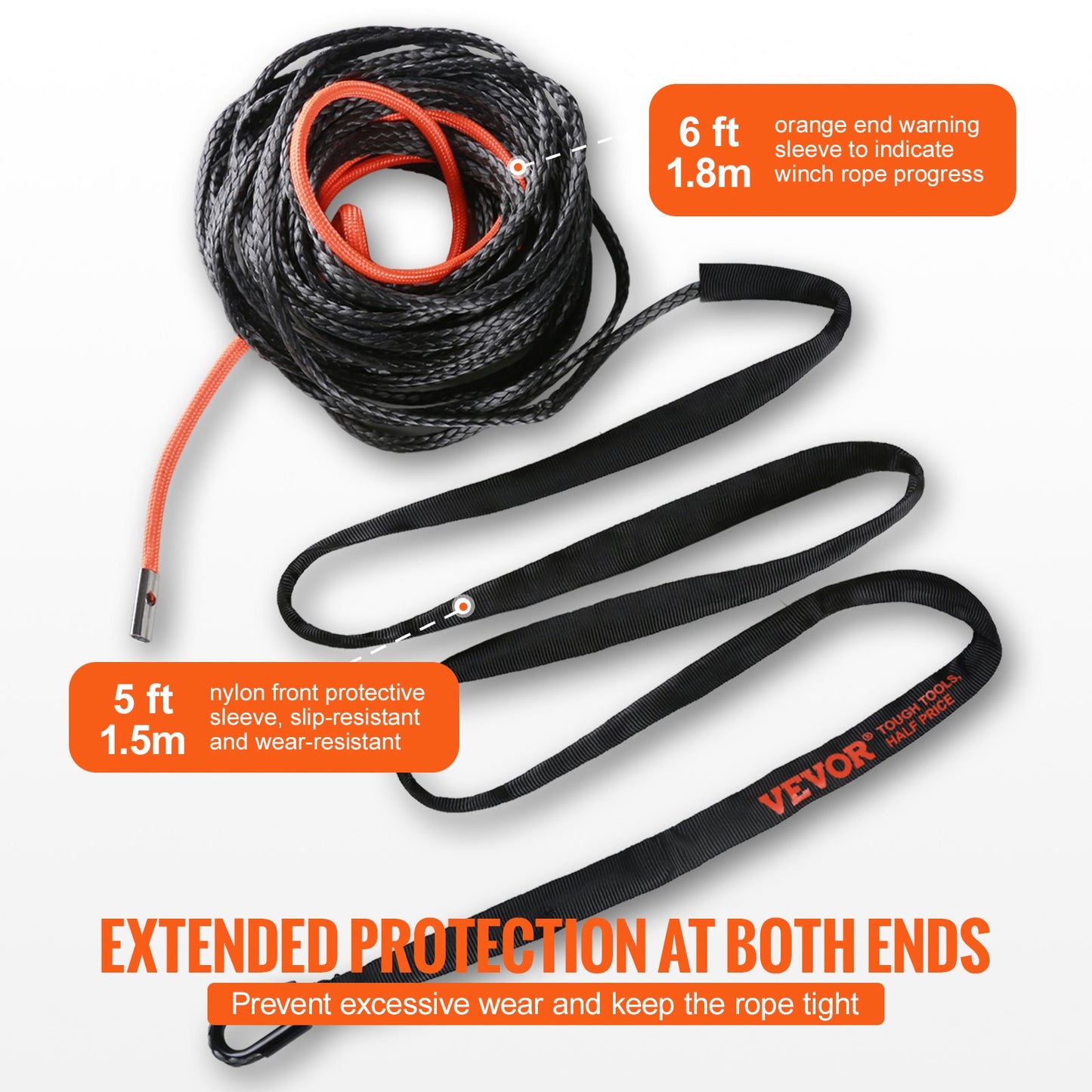 Synthetic Winch Rope, 6.35 mm x 15.24 m 4,536 kg Synthetic Winch Line Cable Rope with Protective Sleeve + Stopper + Forged Winch Hook + Pull Strap, Fit for ATV, UTV, Small Vehicle, Pickup