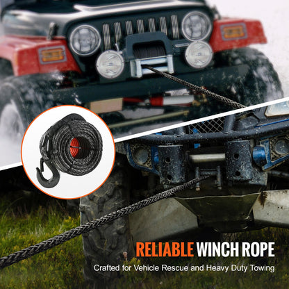 Synthetic Winch Rope, 6.35 mm x 15.24 m 4,536 kg Synthetic Winch Line Cable Rope with Protective Sleeve + Stopper + Forged Winch Hook + Pull Strap, Fit for ATV, UTV, Small Vehicle, Pickup