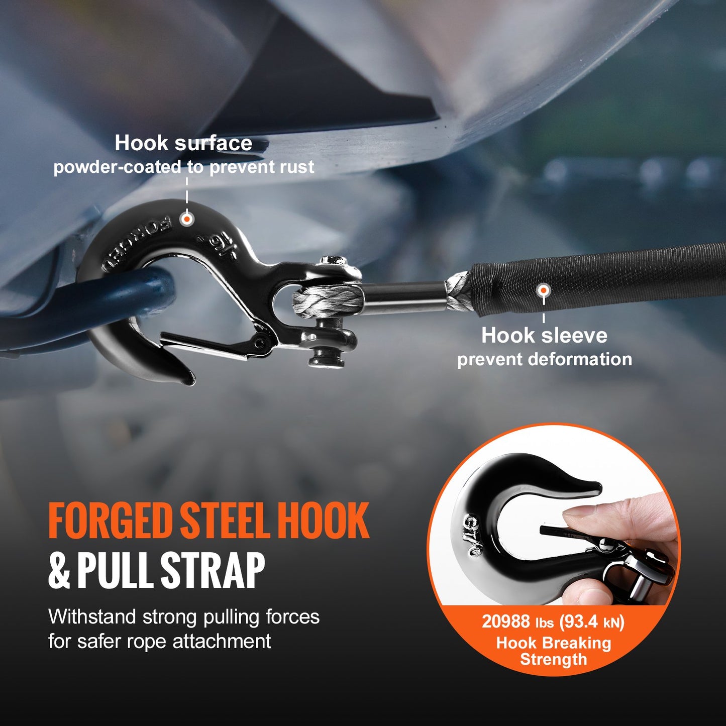 Synthetic Winch Rope, 9.5 mm x 25.91 m 12,020 kg Synthetic Winch Line Cable Rope with Protective Sleeve + Forged Winch Hook + Pull Strap, Universal Fit for SUV, Large Off-Road Vehicle, Truck