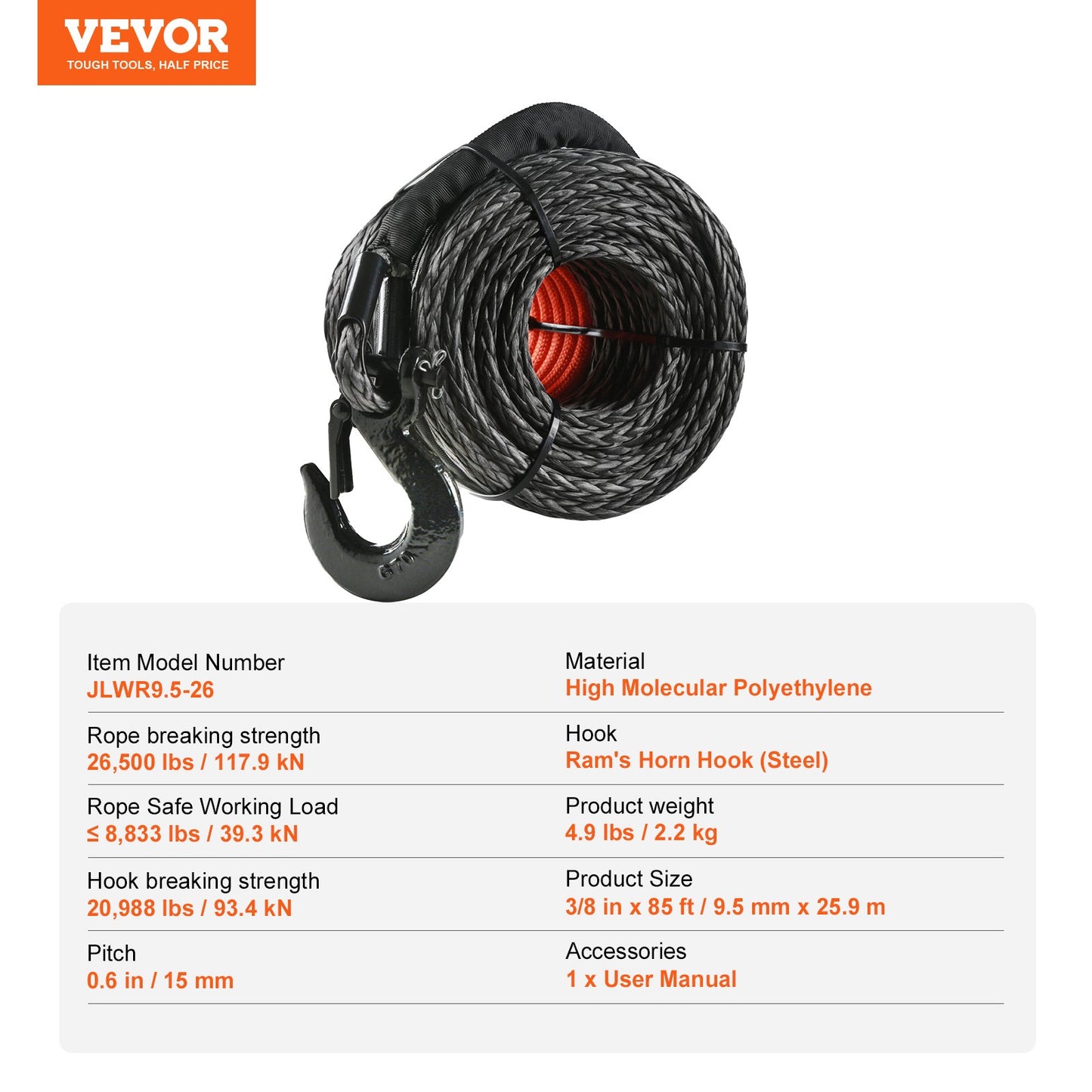 Synthetic Winch Rope, 9.5 mm x 25.91 m 12,020 kg Synthetic Winch Line Cable Rope with Protective Sleeve + Forged Winch Hook + Pull Strap, Universal Fit for SUV, Large Off-Road Vehicle, Truck