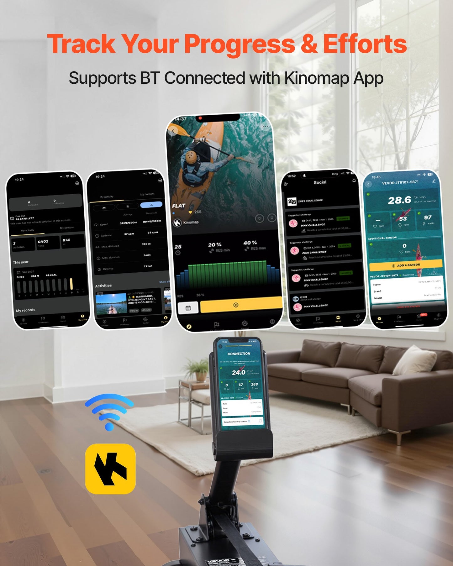 Vattenroddmaskin, 6-nivåers tyst motstånd, hopfällbar roddmaskin i trä med 14 liters vattentank och LCD-skärm, kompatibel med Bluetooth-app, 158 kg viktkapacitet, uppslukande roddmaskiner för hemmabruk