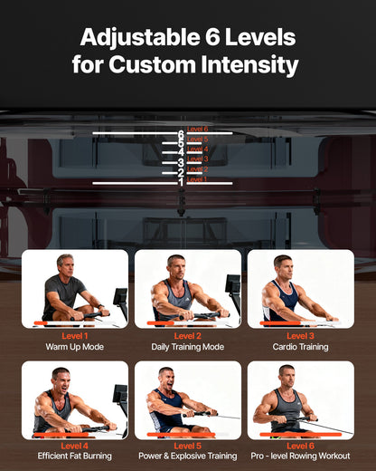 Vattenroddmaskin, 6-nivåers tyst motstånd, hopfällbar roddmaskin i trä med 14 liters vattentank och LCD-skärm, kompatibel med Bluetooth-app, 158 kg viktkapacitet, uppslukande roddmaskiner för hemmabruk
