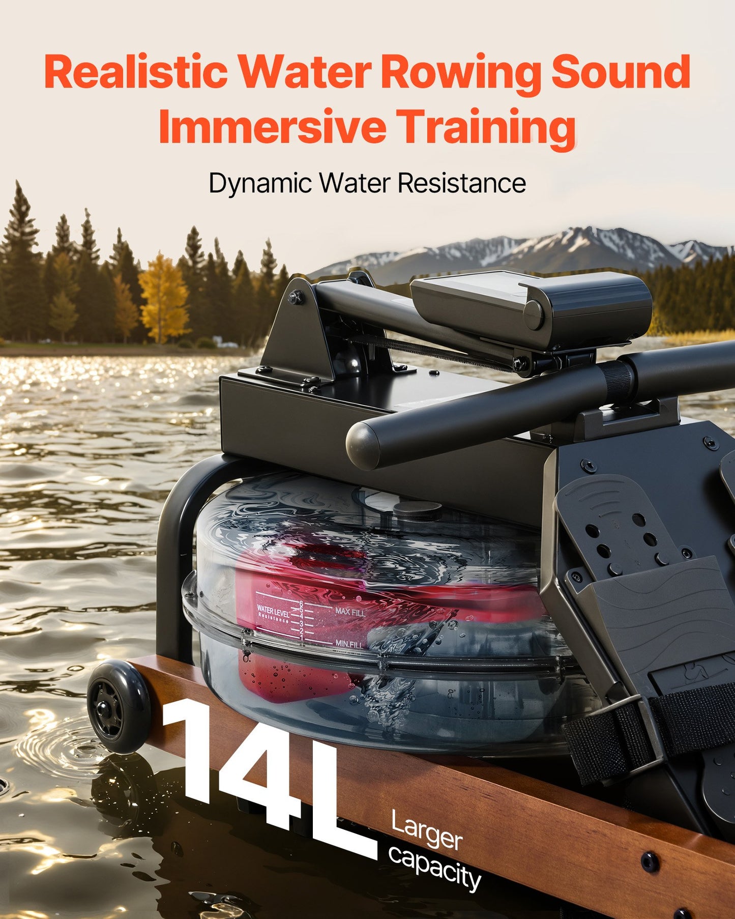 Vattenroddmaskin, 6-nivåers tyst motstånd, hopfällbar roddmaskin i trä med 14 liters vattentank och LCD-skärm, kompatibel med Bluetooth-app, 158 kg viktkapacitet, uppslukande roddmaskiner för hemmabruk
