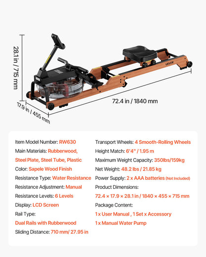 Vattenroddmaskin, 6-nivåers tyst motstånd, hopfällbar roddmaskin i trä med 14 liters vattentank och LCD-skärm, kompatibel med Bluetooth-app, 158 kg viktkapacitet, uppslukande roddmaskiner för hemmabruk