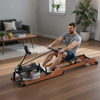 Vattenroddmaskin, 6-nivåers tyst motstånd, hopfällbar roddmaskin i trä med 14 liters vattentank och LCD-skärm, kompatibel med Bluetooth-app, 158 kg viktkapacitet, uppslukande roddmaskiner för hemmabruk