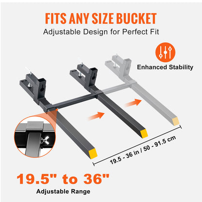 Pallet Forks, 907.2 kg Clamp on Pallet Forks, 109.2 cm Total Length Tractor Bucket Forks with Adjustable Stabilizer Bar, Heavy Duty Pallet Forks for Tractor Attachments, Skid Steer, Loader Bucket