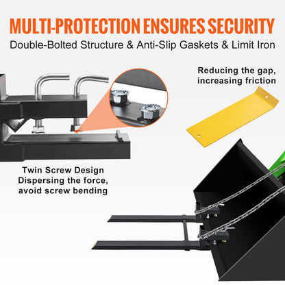 Pallgafflar, 907,2 kg klämbara pallgafflar, 109,2 cm total längd för kraftiga pallgafflar med justerbar stabilisator, traktorskopa, gafflar för traktorredskap, kompaktlastare, lastskopa