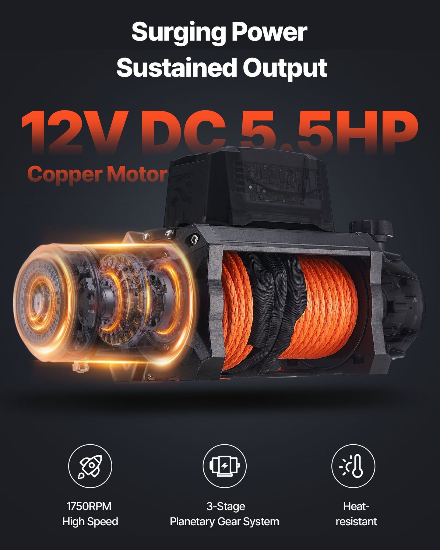 Elektrisk vinsch, 4500 kg lastkapacitet, 12V DC lastbilsvinsch med Φ8,9 mm x 27,4 m syntetiskt rep, trådlös och trådbunden fjärrkontroll, IP67 vattentät för bogsering av terränggående SUV, jeep, släpbåt