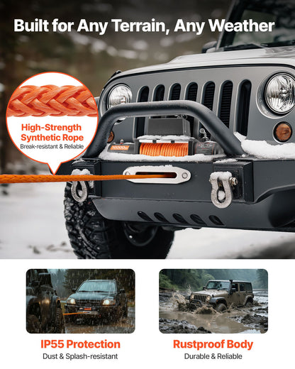 Electric Winch, 5400 kg Load Capacity, 12V DC Truck Winch with Φ9.1 mm x 23 m Synthetic Rope, Wireless & Wired Remote Control, IP55 Waterproof for Towing Off-Road SUV Jeep Trailer Boat
