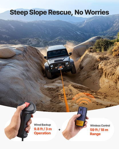 Electric Winch, 5400 kg Load Capacity, 12V DC Truck Winch with Φ9.1 mm x 23 m Synthetic Rope, Wireless & Wired Remote Control, IP55 Waterproof for Towing Off-Road SUV Jeep Trailer Boat