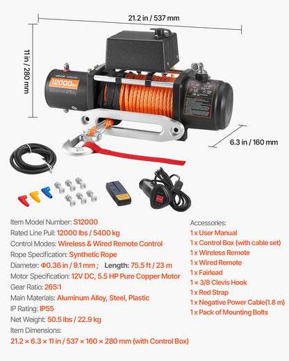 Electric Winch, 5400 kg Load Capacity, 12V DC Truck Winch with Φ9.1 mm x 23 m Synthetic Rope, Wireless & Wired Remote Control, IP55 Waterproof for Towing Off-Road SUV Jeep Trailer Boat