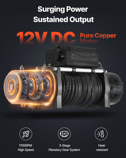Elektrisk vinsch, 6100 kg lastkapacitet, 12V DC lastbilsvinsch med Φ9,5 mm x 26 m syntetiskt rep, trådlös och trådbunden fjärrkontroll, IP55 vattentät för bogsering av terränggående SUV, jeep, släpvagn, båt
