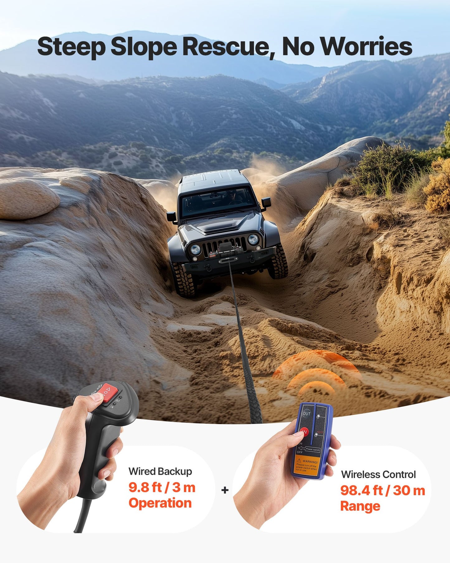 Elektrisk vinsch, 6100 kg lastkapacitet, 12V DC lastbilsvinsch med Φ9,5 mm x 26 m syntetiskt rep, trådlös och trådbunden fjärrkontroll, IP55 vattentät för bogsering av terränggående SUV, jeep, släpvagn, båt