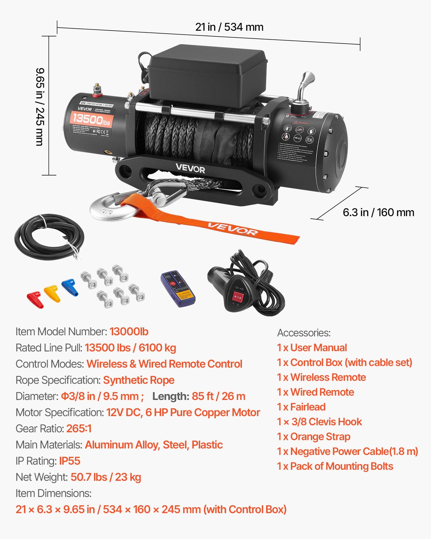 Elektrisk vinsch, 6100 kg lastkapacitet, 12V DC lastbilsvinsch med Φ9,5 mm x 26 m syntetiskt rep, trådlös och trådbunden fjärrkontroll, IP55 vattentät för bogsering av terränggående SUV, jeep, släpvagn, båt