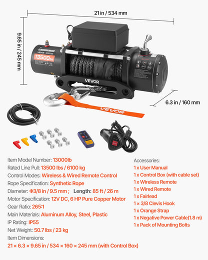 Elektrisk vinsch, 6100 kg lastkapacitet, 12V DC lastbilsvinsch med Φ9,5 mm x 26 m syntetiskt rep, trådlös och trådbunden fjärrkontroll, IP55 vattentät för bogsering av terränggående SUV, jeep, släpvagn, båt