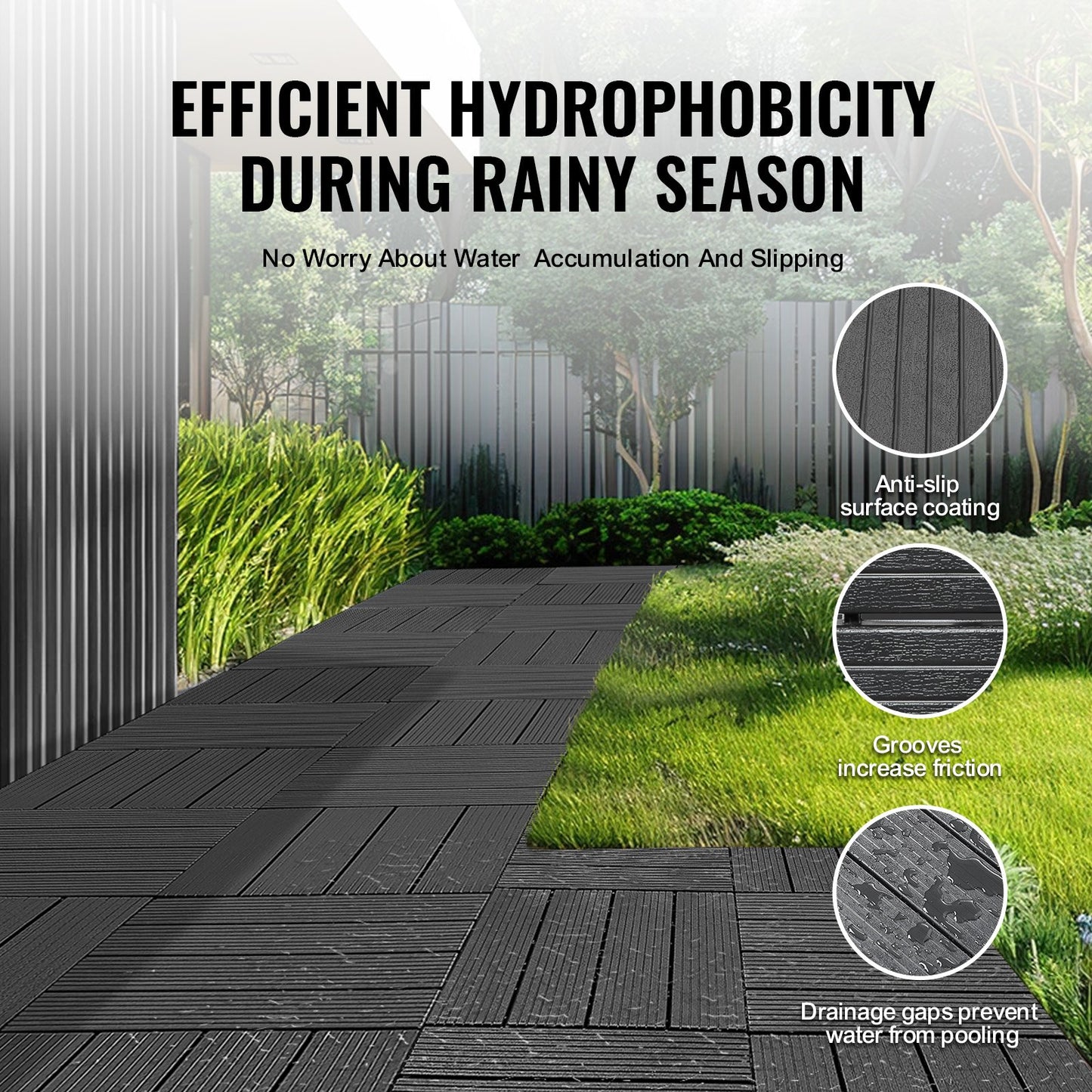 Interlocking Deck Tiles, 54 Pack,12"x12" 54 sq. ft Plastic Waterproof Outdoor Flooring All Weather Use, Patio Floor Decking Covering Tiles for Porch Poolside Balcony Backyard, Dark Grey