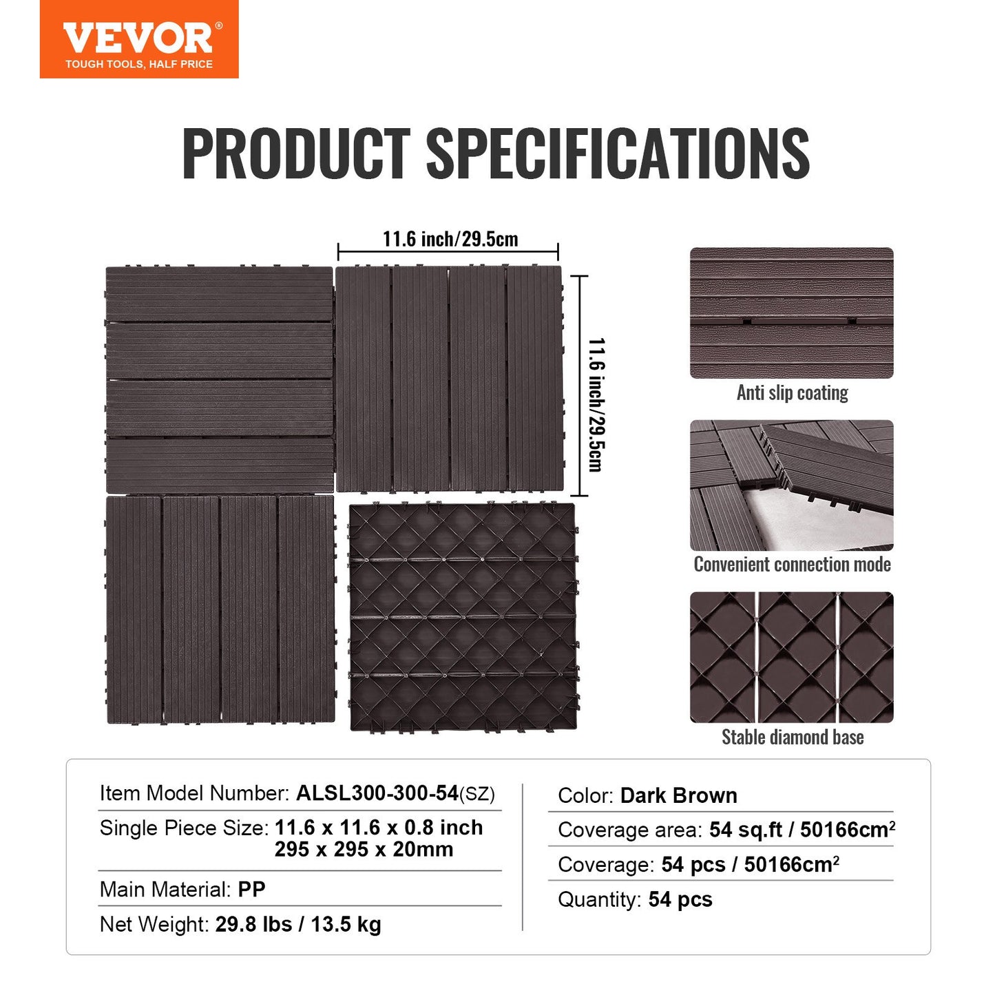 Interlocking Deck Tiles, 54 Pack,12"x12" 54 sq. ft Plastic Waterproof Outdoor Flooring All Weather Use, Patio Floor Decking Covering Tiles for Porch Poolside Balcony Backyard, Dark Brown