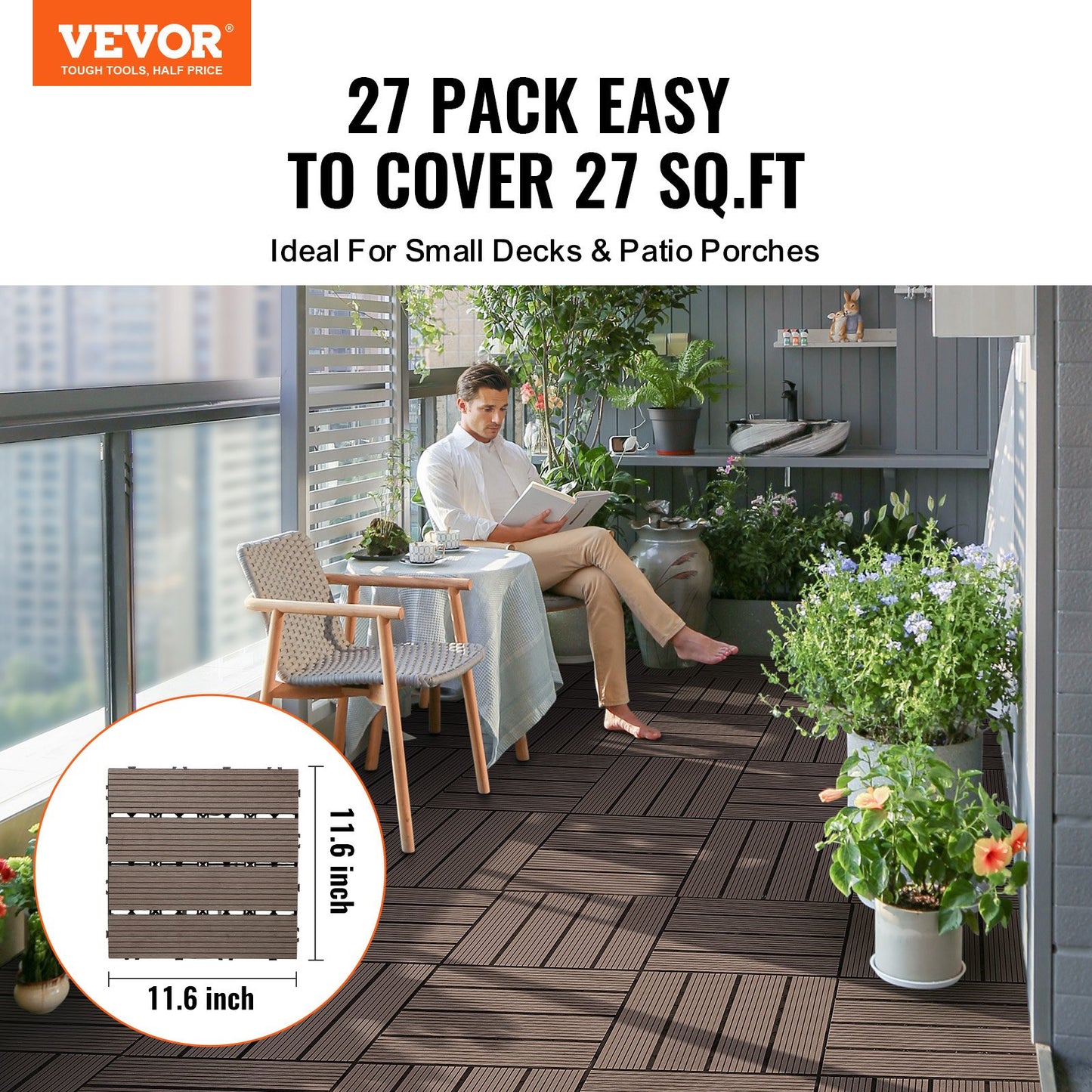 Interlocking Deck Tiles Plastic Wood, 27 Pack,12"x12" 27 sq. ft Waterproof Outdoor Flooring All Weather Use, Patio Floor Decking Covering Tiles for Porch Poolside Balcony Backyard, Dark Brown