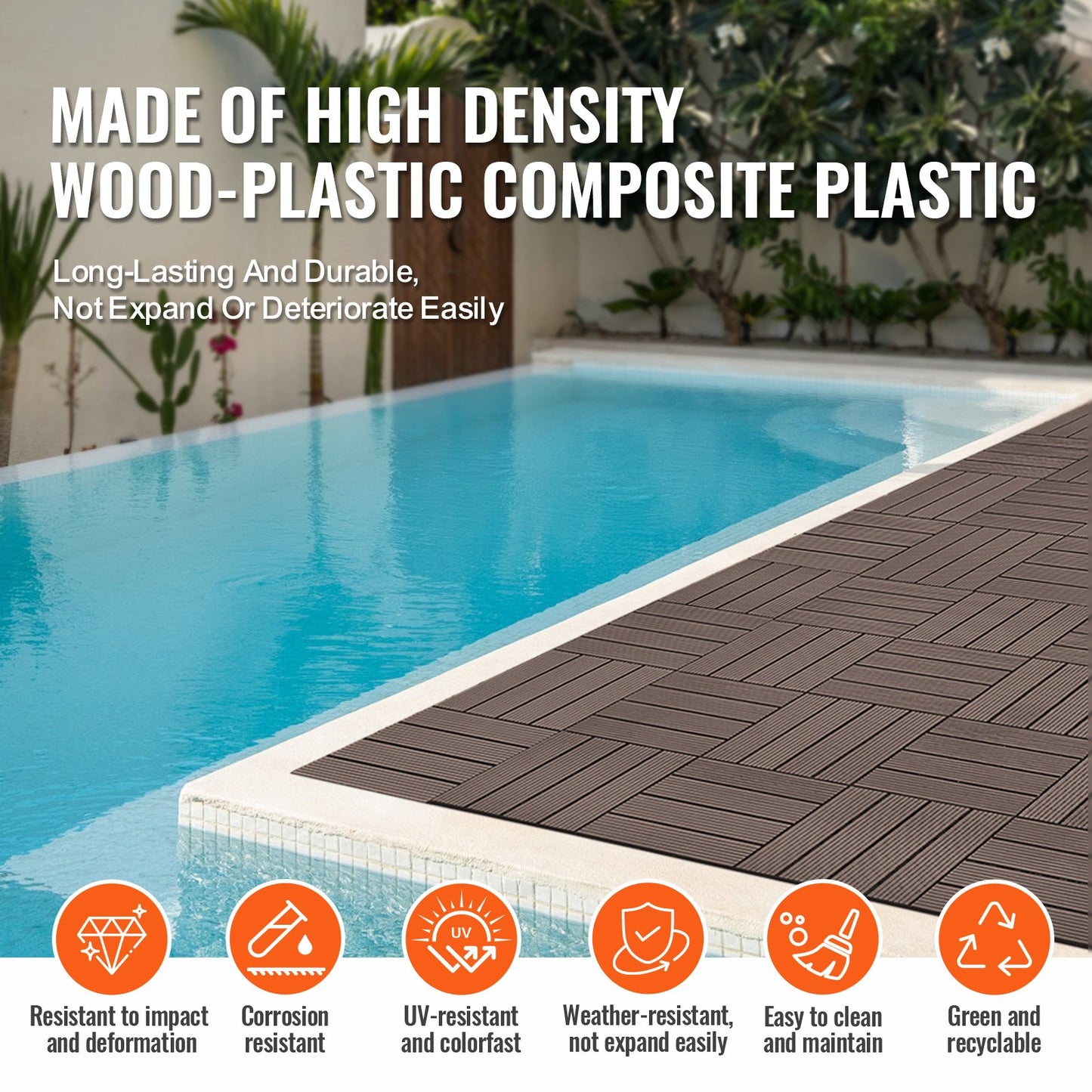 Interlocking Deck Tiles Plastic Wood, 27 Pack,12"x12" 27 sq. ft Waterproof Outdoor Flooring All Weather Use, Patio Floor Decking Covering Tiles for Porch Poolside Balcony Backyard, Dark Brown