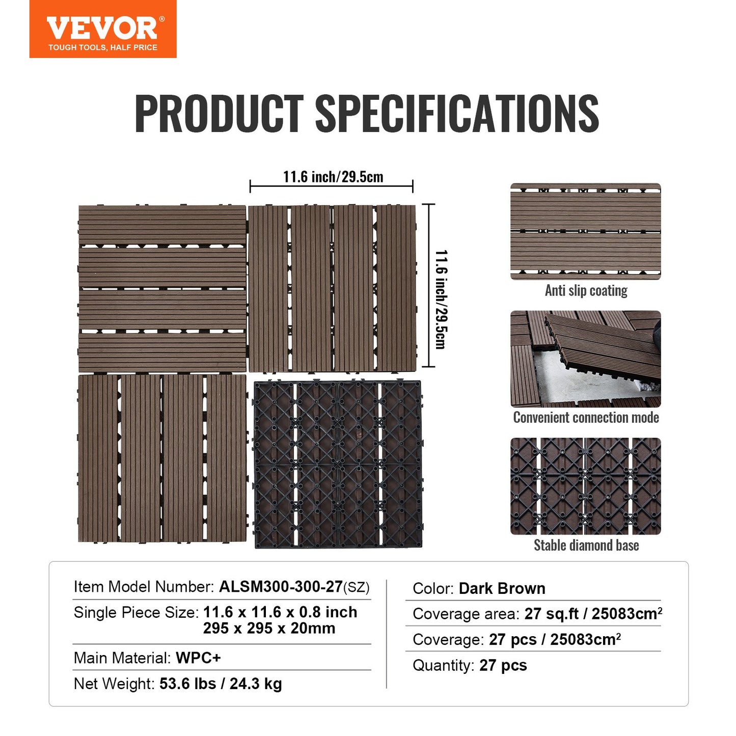 Interlocking Deck Tiles Plastic Wood, 27 Pack,12"x12" 27 sq. ft Waterproof Outdoor Flooring All Weather Use, Patio Floor Decking Covering Tiles for Porch Poolside Balcony Backyard, Dark Brown