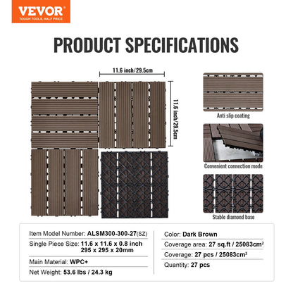 Interlocking Deck Tiles Plastic Wood, 27 Pack,12"x12" 27 sq. ft Waterproof Outdoor Flooring All Weather Use, Patio Floor Decking Covering Tiles for Porch Poolside Balcony Backyard, Dark Brown