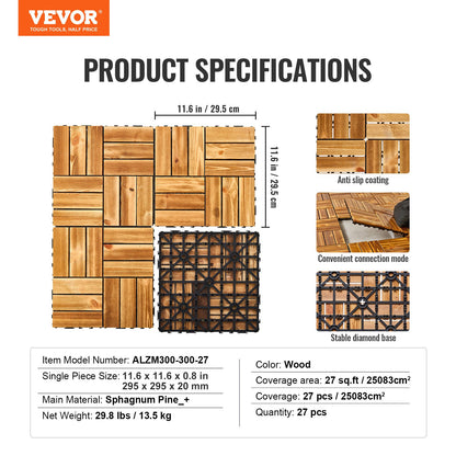 Interlocking Deck Tiles Solid Wood, 27 Pack,12"x12" Waterproof Camphor Pine Wood Flooring All Weather Use, Patio Floor Decking Covering Tiles for Porch Poolside Balcony Backyard, (Wooden)