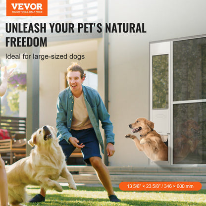 Hundlucka för skjutdörr i glas, 75 7/8"-80 11/16" justerbar höjd för hundar i skjutdörrar, husdjursdörr i aluminiumram, härdat glas, gångjärnsstruktur, klaff och lås för stora hundar