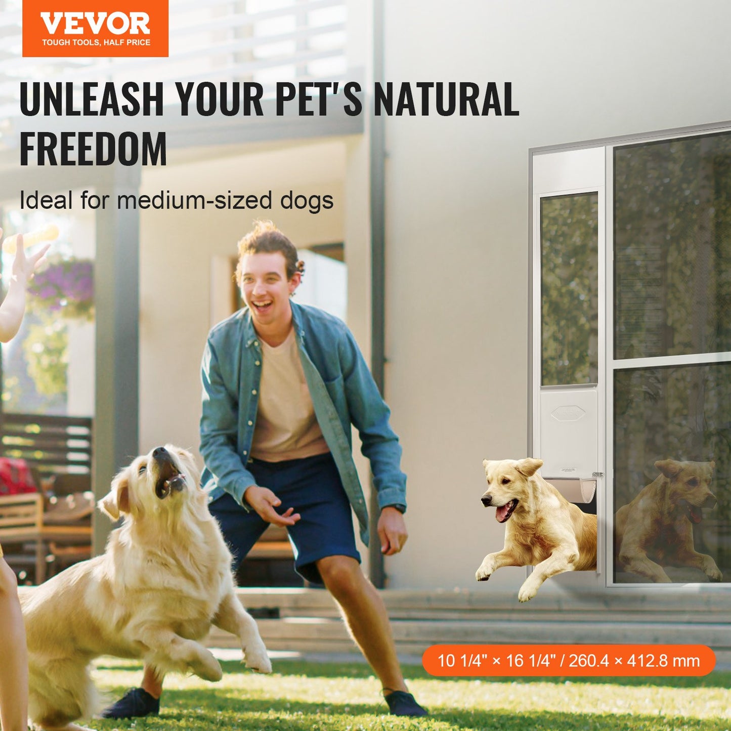 Dog Door for Sliding Glass Door, 75 7/8"-80 11/16" Adjustable Height Doggy Door for Sliding Doors, Aluminum Frame Tempered Glass Pet Door with Hinge Structure Flap and Lock for Medium-Sized Dogs