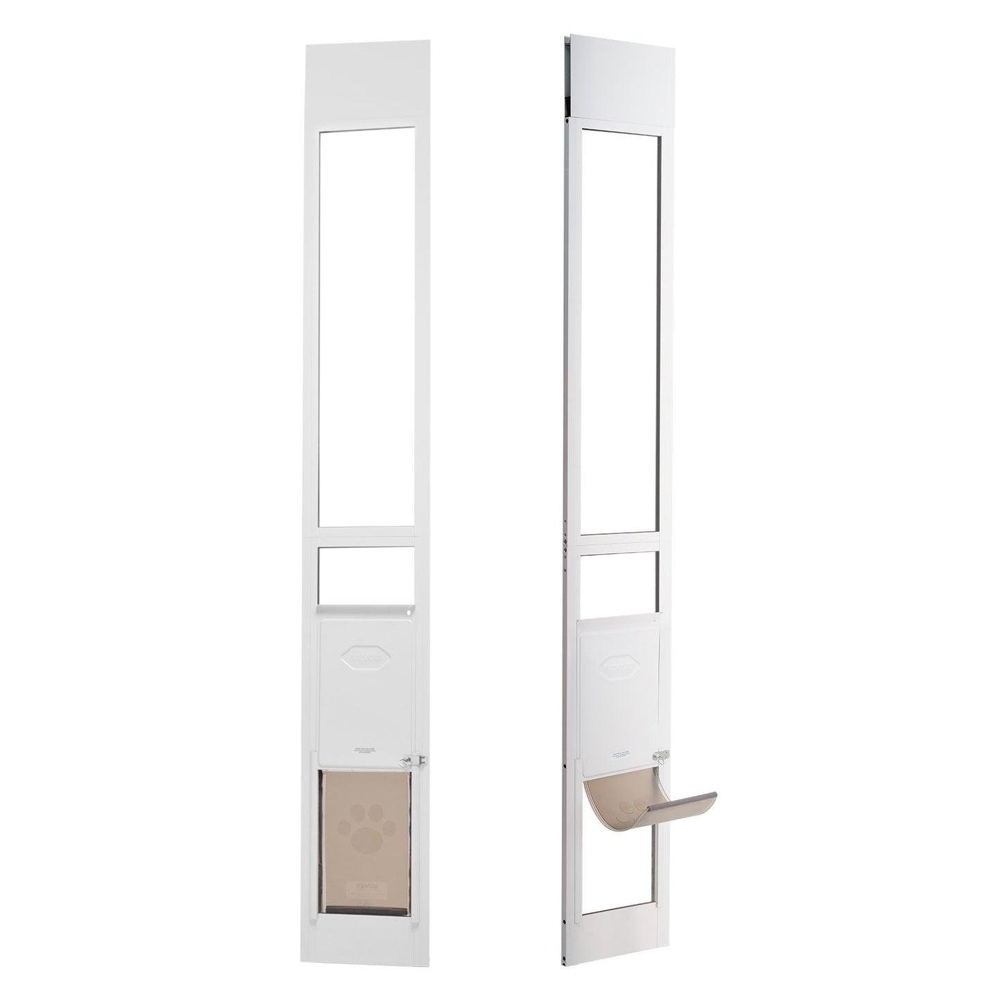 Hundlucka för skjutdörr i glas, 75 7/8"-80 11/16" justerbar höjd för hundar i skjutdörrar, husdjursdörr i aluminiumram, härdat glas med gångjärnsstruktur, klaff och lås för små hundar