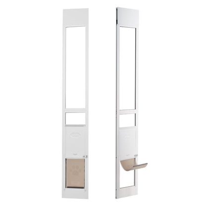 Hundlucka för skjutdörr i glas, 75 7/8"-80 11/16" justerbar höjd för hundar i skjutdörrar, husdjursdörr i aluminiumram, härdat glas med gångjärnsstruktur, klaff och lås för små hundar