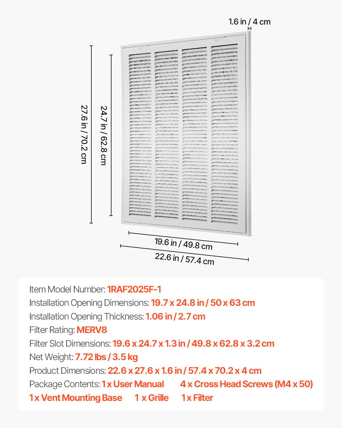 Return Air Filter Grille, Fits W20 x H25in Duct Opening Size, Filter Included, Return Air Vent Cover for Wall, Powder-Coated Steel Return Air Grill Detachable Face/Door for 1 inch Filters