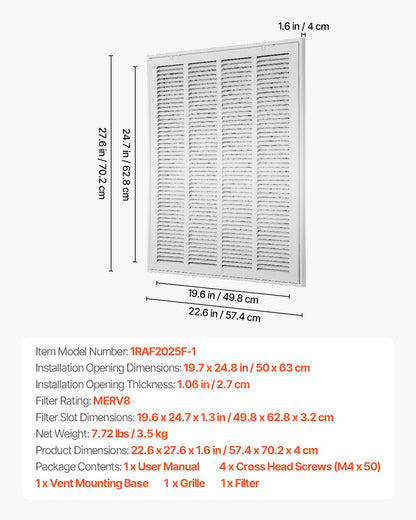 Return Air Filter Grille, Fits W20 x H25in Duct Opening Size, Filter Included, Return Air Vent Cover for Wall, Powder-Coated Steel Return Air Grill Detachable Face/Door for 1 inch Filters