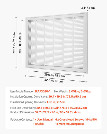 Galler för frånluftsfilter, passar kanalöppning B30 x H20 tum, filter ingår ej, skydd för frånluftsventilation för vägg, pulverlackerat stålgaller för frånluft, avtagbar framsida/dörr för 2,5 cm filter