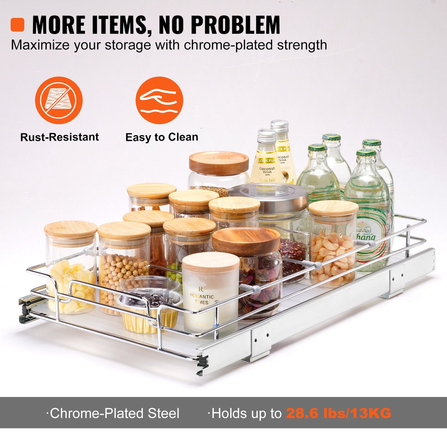 11"Wx21"Dx2.5"H Pull Out Cabinet Organizer, Heavy Duty Slide Out Pantry Shelves, Steel Roll Out Drawers, Sliding Drawer Storage for Home Under Sink, 13.5"Wx22"Dx7"H Install Size for Cabinet