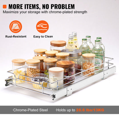 11"Wx21"Dx2.5"H Pull Out Cabinet Organizer, Heavy Duty Slide Out Pantry Shelves, Steel Roll Out Drawers, Sliding Drawer Storage for Home Under Sink, 13.5"Wx22"Dx7"H Install Size for Cabinet