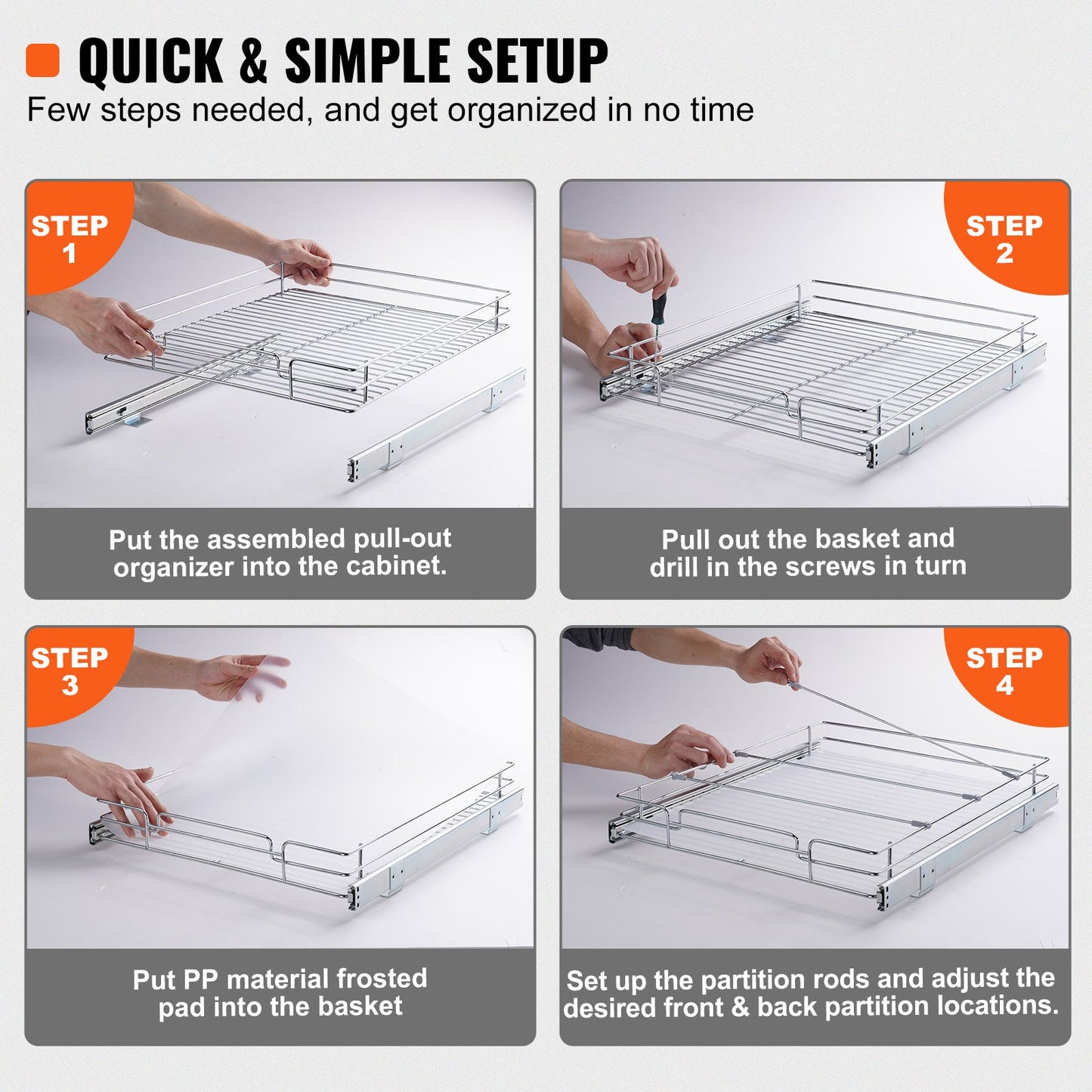 15.5"Wx21"Dx3.5"H Pull Out Cabinet Organizer, Heavy Duty Slide Out Pantry Shelves, Steel Roll Out Drawers, Sliding Drawer Storage for Home Under Sink, 17"Wx22"Dx7"H Install Size for Cabinet