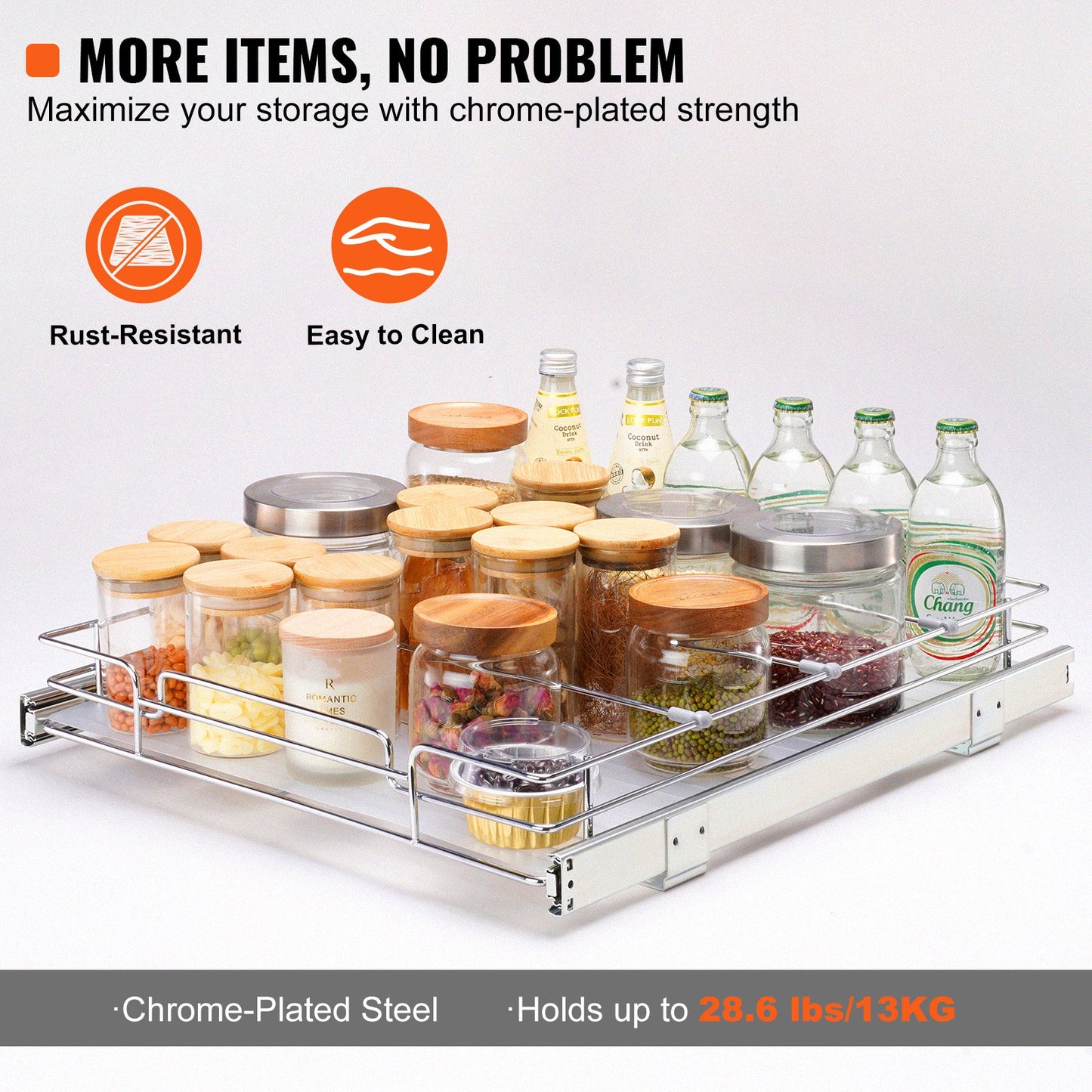 50.8 cm W x 53.3 cm D Pull Out Cabinet Organizer, Heavy Duty Slide Out Pantry Shelves, Chrome-Plated Steel Roll Out Drawers, Sliding Drawer Storage for Home, Inside Kitchen Cabinet, Bathroom, Under Sink