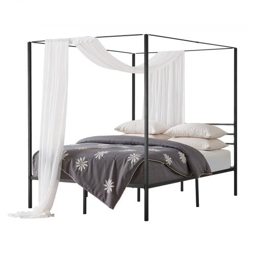 Queen Size Canopy Bed Frame, Metal Canopy Bed with Four Posters Design, Heavy Duty Steel Slats Support, Underbed Storage Space, No Box Spring Needed, Easy Assembly, Black