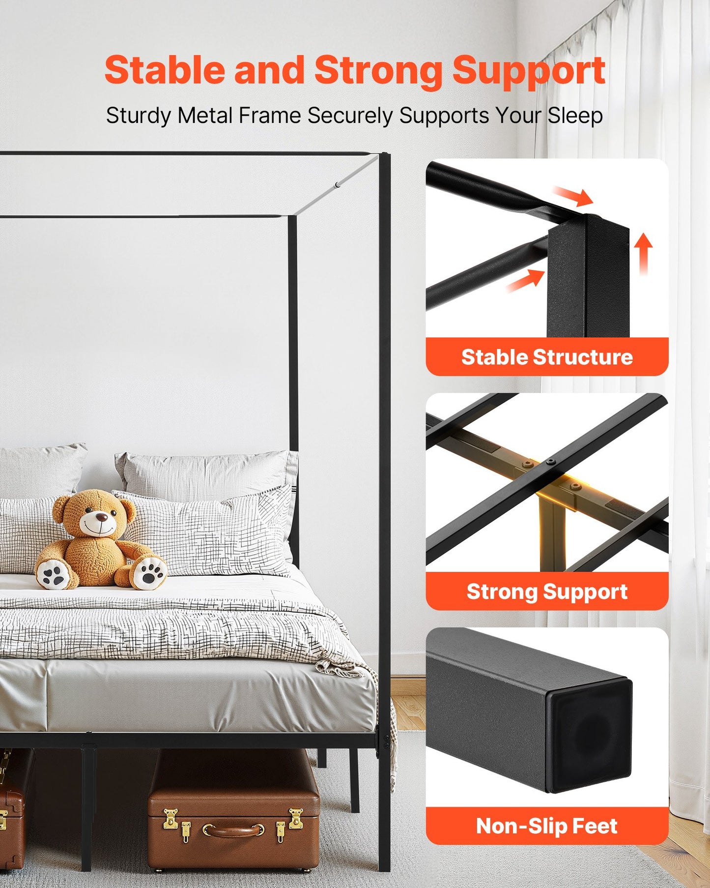 Queen size himmelssängram, metallhimmelsäng med himmelssängdesign, kraftiga stållameller, förvaringsutrymme under sängen, ingen boxmadrass behövs, enkel montering, svart
