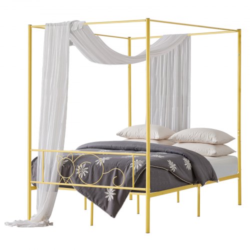 Full Size Canopy Bed Frame, Metal Canopy Bed with Minimalist Headboard & Four Posters Design, Heavy Duty Steel Slats Support, Underbed Storage Space, No Box Spring Needed, Easy Assembly, Gold