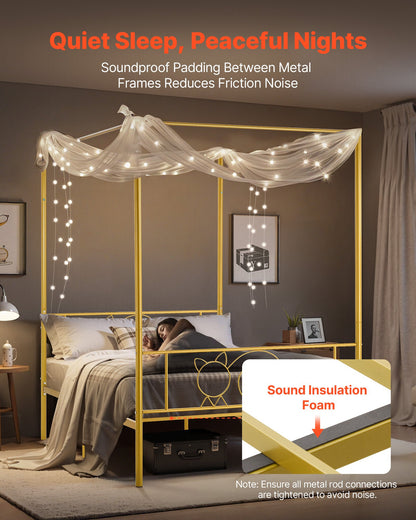 Full Size Canopy Bed Frame, Metal Canopy Bed with Minimalist Headboard & Four Posters Design, Heavy Duty Steel Slats Support, Underbed Storage Space, No Box Spring Needed, Easy Assembly, Gold